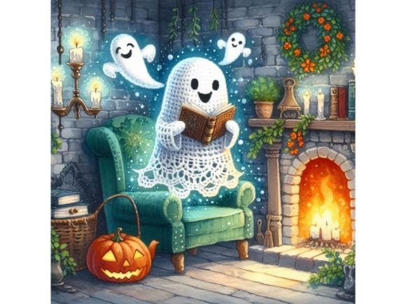 Download A Crochet Ghost Floating Near a Fireplac - Premium Bundle